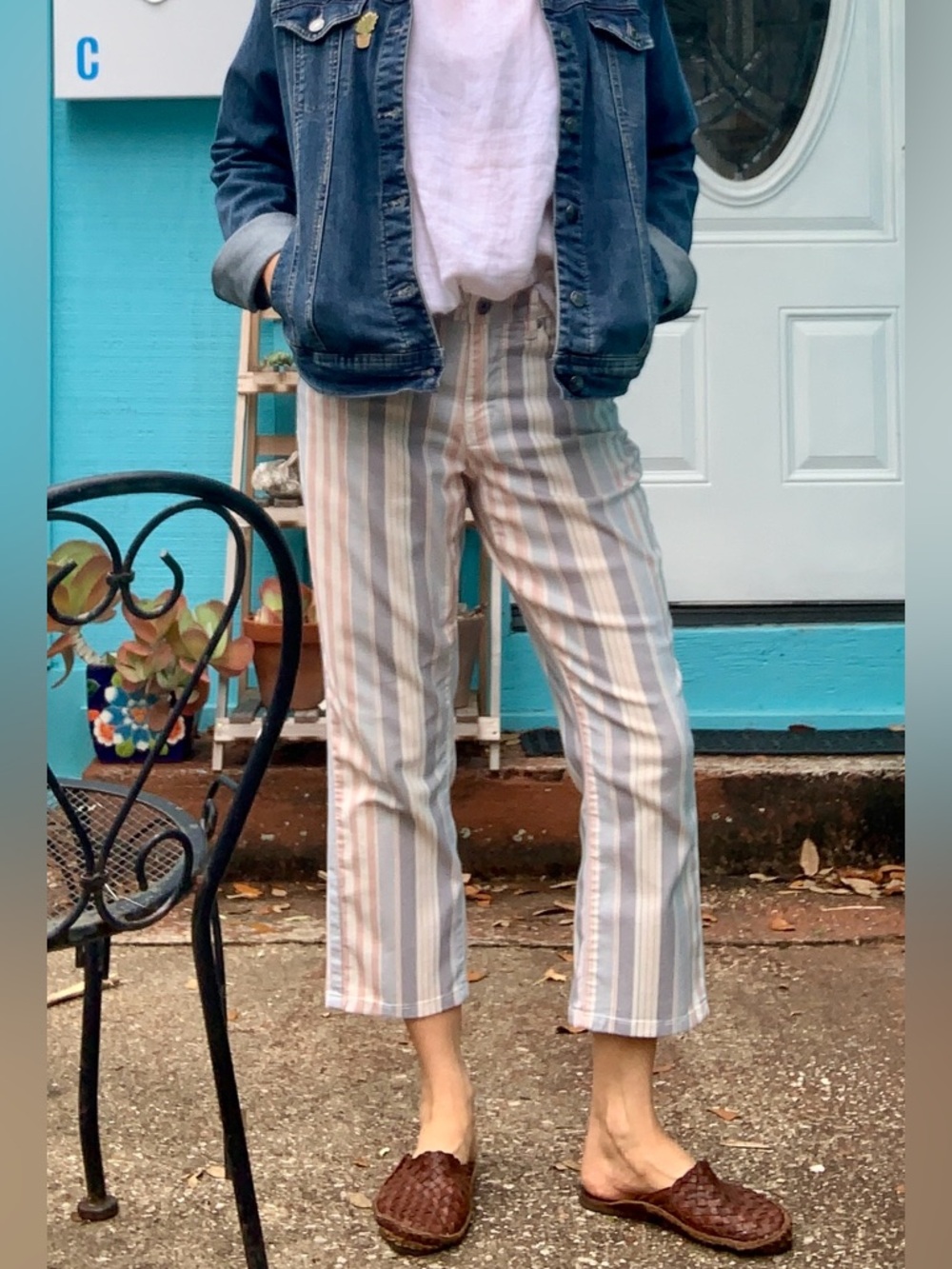Vintage 70’s style Tribal faded red, white and blue Striped Cropped Pants.